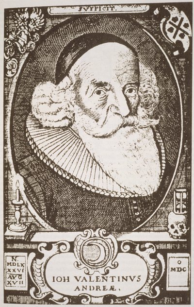 Retrato de Valentine Andreae (1568-1643), copia de un grabado alemán ilustrado en Historia de la Magia, publicado a finales del siglo XIX de German School