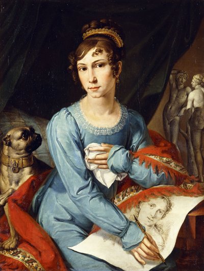Retrato de una dama con su perro pug de German School