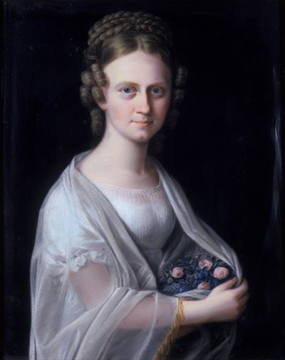 Retrato de una mujer con rosas rosadas en sus brazos de German School
