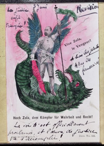 Postal que representa a Noble Zola, Guerrero por la Verdad y la Justicia con anotaciones de German School