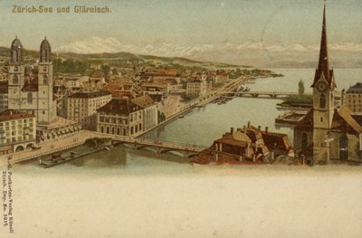 Postal que muestra una vista general de la ciudad de Zúrich de German School