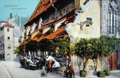 Postal que representa el restaurante Bratwurstglocklein en Núremberg, antes de 1914 de German School