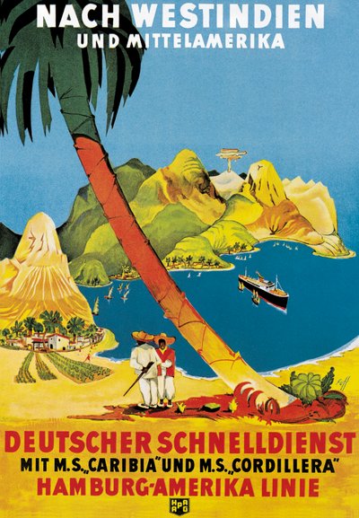 Póster publicitario de rutas de Hamburg-Amerika Linie a las Indias Occidentales y América Central de German School