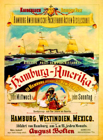 Póster publicitario de la Línea Americana de Hamburgo, 1883 de German School