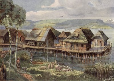 Poblado lacustre prehistórico europeo (litografía en color) de German School