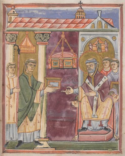 Sacerdote presentando un libro [¿a San Agustín?] de German School
