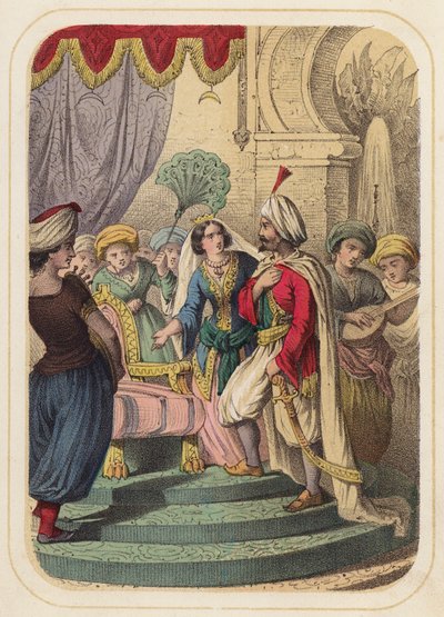 El príncipe Agib en una escena de Las mil y una noches (litografía en color) de German School