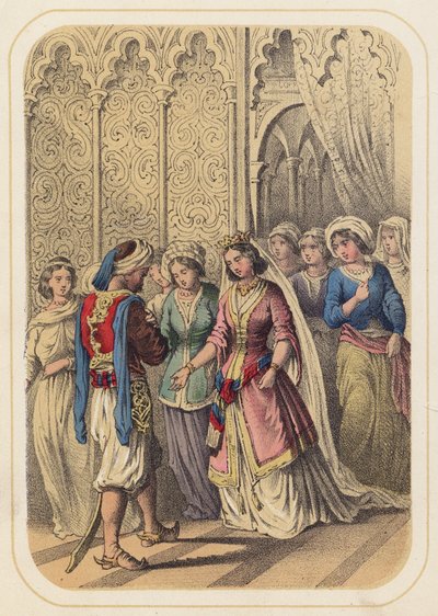 El príncipe Ahmed y la princesa Paribanou en una escena de Las mil y una noches (litografía en color) de German School