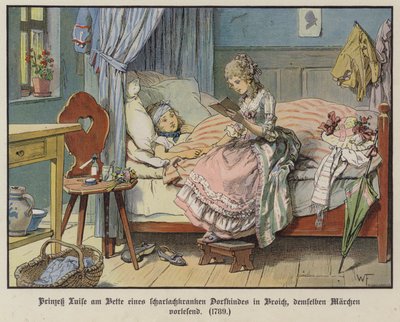 Princesa Luisa de Mecklenburg-Strelitz leyendo junto a la cama de una niña del pueblo enferma en Broich de German School