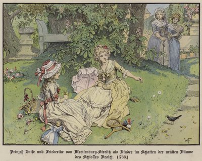 Princesas Luisa y Federica de Mecklenburg-Strelitz a la sombra bajo los árboles del Castillo Broich cuando eran niñas de German School