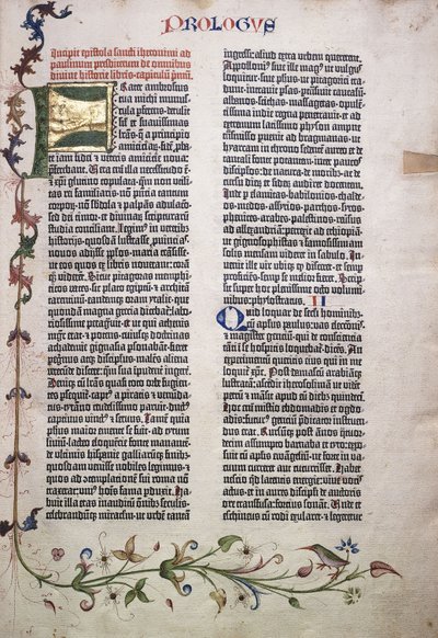 Folio de prólogo con letra "F" dorada y verde, y borde de hojas, flores, enredaderas y pájaro, 1455 de German School