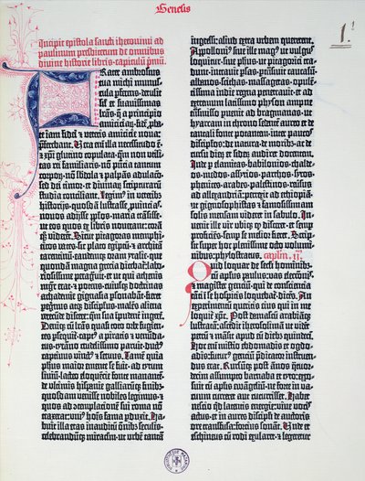 Prólogo de la Biblia de Gutenberg, impresa por Johannes Gutenberg (c.1400-68) y Peter Schoeffer (1425-1502) en Maguncia, 1454-56 de German School
