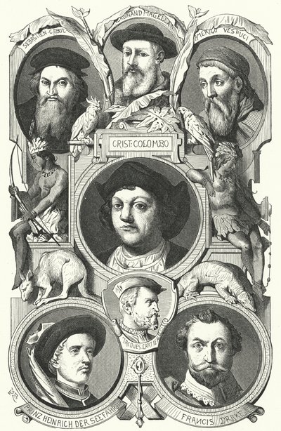 Figuras prominentes de la Era de los Descubrimientos (grabado) de German School