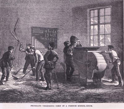 Prusianos trillando maíz en una escuela francesa, Historia de la Guerra entre Francia y Alemania de Cassell publicada por Cassell and Company Limited, c.1890 de German School