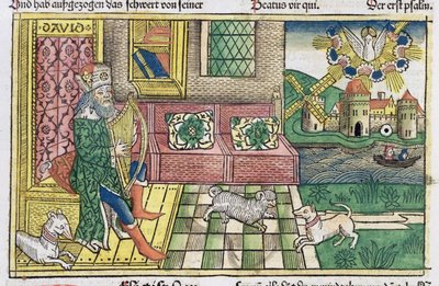 Salmos: frontispicio mostrando al Rey David tocando la lira, de la Biblia de Núremberg (Biblia Sacra Germanaica) de German School