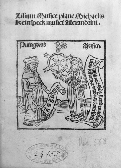 Pitágoras (c.580-500 a.C.) y la Música, portada de Lilium Musicae de Michael Keinspeck, Augsburgo, publicado en 1500 de German School