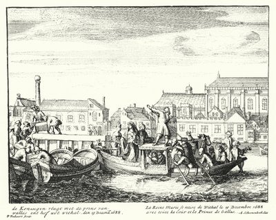 La Reina María, consorte del Rey Jacobo II, huyendo de Inglaterra con el Príncipe de Gales y toda su corte, diciembre de 1688 de German School