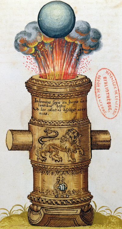Cañón elevado disparando una bala de cañón, de El Arte de la Artillería, 1570 de German School