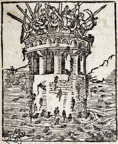 Ratas atacando una torre - grabado alemán del siglo XVI de German School