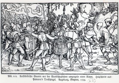 Campesinos rebeldes rodeando a un caballero, de una ilustración de Trostspiegel de Petrarca, 1539 de German School