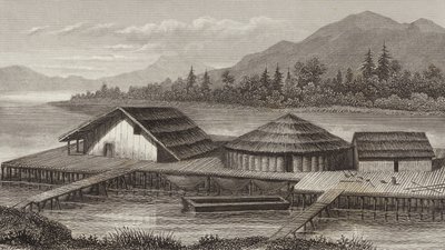 Reconstrucción de un antiguo pueblo lacustre. Ilustración para Bilder-Atlas de German School