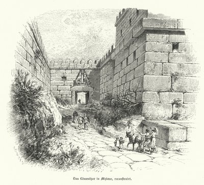 Reconstrucción de la Puerta de los Leones, entrada a la ciudadela de Micenas, Grecia de German School