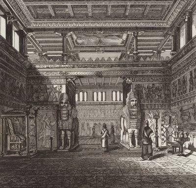 Reconstrucción del salón de un rey asirio. Ilustración para Bilder-Atlas de German School