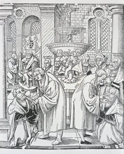 Reformadores Martín Lutero y Jan Hus administrando la Comunión de German School