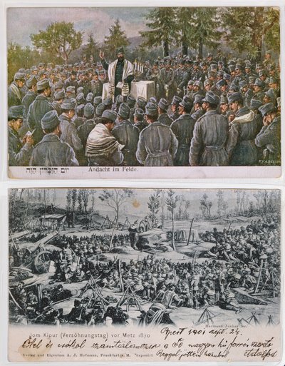 Servicios religiosos en el campo de batalla, imagen superior mostrando soldados judíos alemanes en oración durante la Primera Guerra Mundial, abajo un servicio de Yom Kipur en Metz durante la guerra franco-prusiana de 1870 (color) de German School