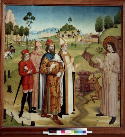 ""Representación del encuentro del rey visigodo Wamba (672-680 dC) y San Gil el ermitaño (o Aegidius) (siglo VII), herido por la flecha de un cazador, con su cierva"" (San Gil y el Rey Wamba en la caza real) Moquillo sobre madera ecológica de German School