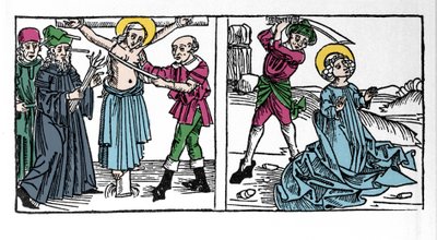 Representación del martirio de Santa Serapia (Serapia) (Serapia de Siria), cristiana del siglo II. Grabado de “Leben der Heiligen - sommerteil” (El libro de los santos) por Jacobus (James) de Voragine (1228-1298). Lübeck 1488. de German School