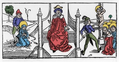 Representación del martirio de Santa Sinforosa y sus siete hijos, bajo el reinado del emperador Adriano. Grabado de Leben der Heiligen - sommerteil por Jacobus de Voragine de German School