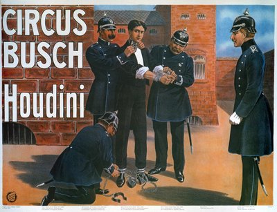 Reproducción de un cartel de 1907 mostrando a Houdini antes de escapar de una prisión alemana de German School