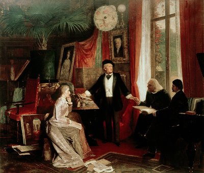Richard Wagner con Franz Liszt y la hija de Liszt, Cosima de German School