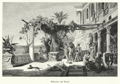 Emperador romano Tiberio en la isla de Capri (grabado) de German School