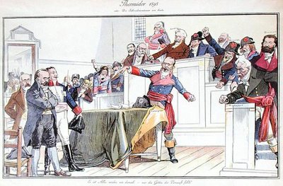 Caricatura satírica que representa el Caso Dreyfus como un juicio revolucionario de German School