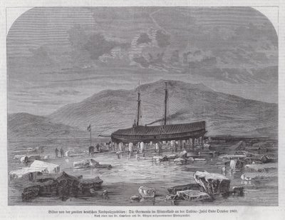 Goleta Germania en la Isla Sabine frente a la costa este de Groenlandia, segunda Expedición Alemana al Polo Norte, finales de octubre de 1869 (grabado) de German School