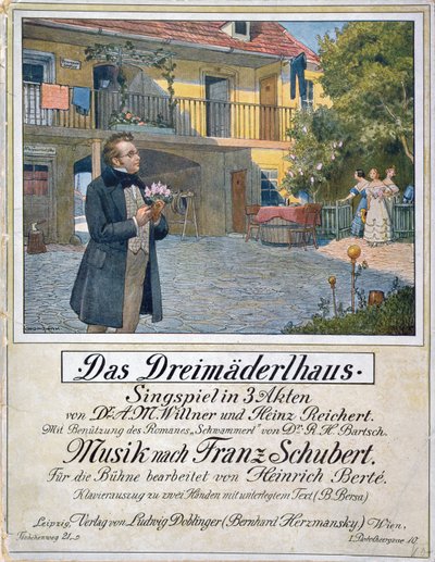 Portada de la partitura de Das Dreimaederlhaus (La Casa de las Tres Chicas) que muestra a Schubert frente a la casa, 1916 de German School