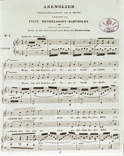 Página de partitura de Abendlied por Felix Mendelssohn de German School