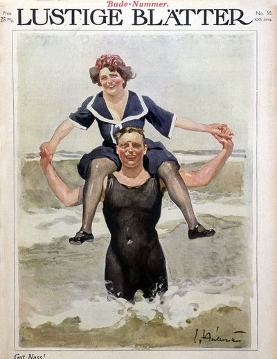 Baño de mar: una pareja en las olas - en "Lustige Blätter", s.f. de German School