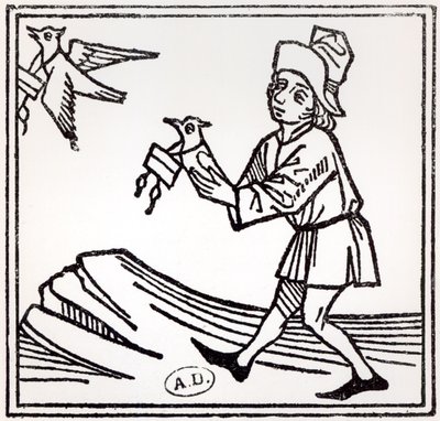 Enviando una carta por correo de palomas, 1488 de German School