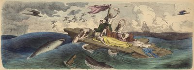 Supervivientes de un naufragio a la deriva en una balsa en los Mares del Sur (grabado coloreado) de German School