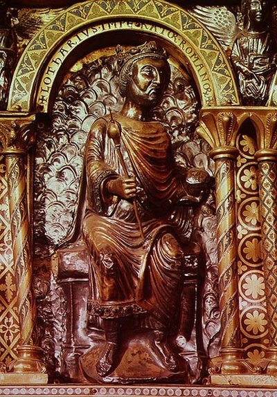 Santuario del Emperador Carlomagno (742-814), (detalle) mostrando al Emperador Lotario I (795-855) en su trono, 1215 de German School