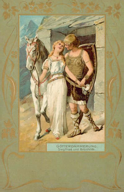 Sigfrido y Brunilda en una escena de Gotterdammerung (cromolito) de German School