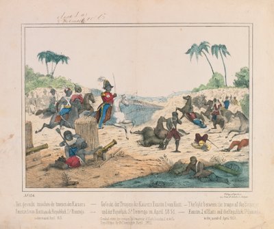 Escaramuza entre las tropas del emperador Faustin I de Haití y la República Dominicana de Santo Domingo en abril de 1851, hoja ilustrada publicada por Fried. Schulz Verlag, Stuttgart, 1851 de German School
