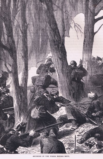 Escaramuza en los bosques antes de Metz, Historia de la Guerra entre Francia y Alemania de Cassell, publicada por Cassell and Company Limited, c.1890 (litografía) de German School