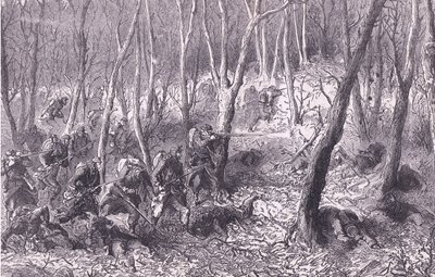 Escaramuza en los bosques fuera de París, Cassells History of the War between France and Germany publicado por Cassell and Company Limited, c.1890 de German School