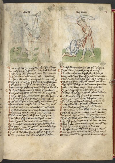 Sloane 361, f.26 El martirio de Isaías; El rey Moab sacrifica a su hijo, de 