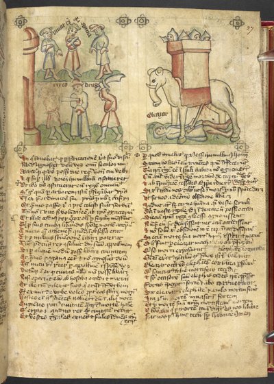 Sloane 361, f.27 El rey Codrus se entrega a sí mismo para que lo maten por su pueblo, y Eleazar Maccabeus apuñala al elefante y es aplastado por él, de 