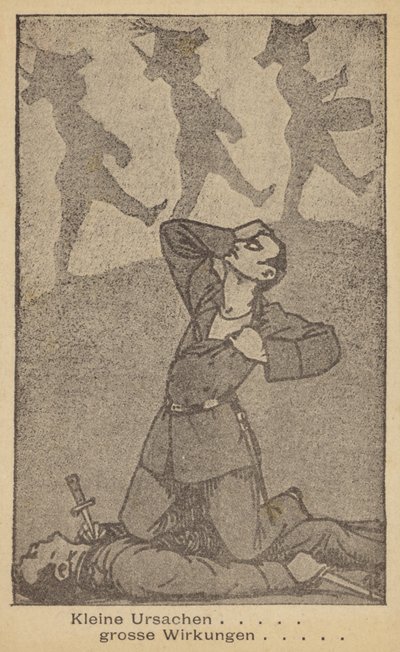 Pequeñas causas, grandes efectos. Ilustración alemana contra la guerra, publicada por WILPF (Liga Internacional de Mujeres por la Paz y la Libertad), finales de los años 20 (litografía). de German School